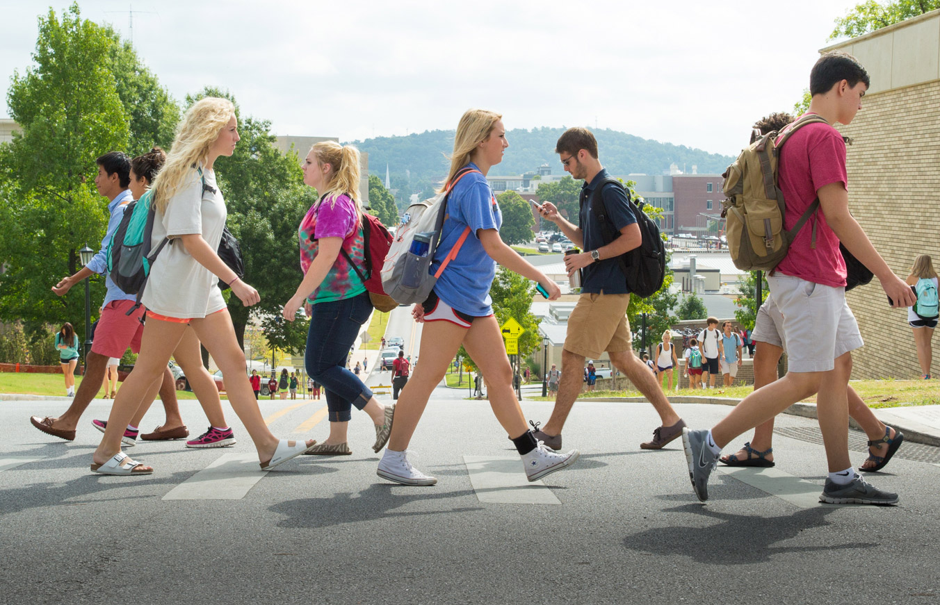 Students walking across campus